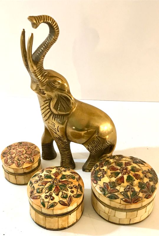 Photo 1 of VINTAGE BRASS ELEPHANT AND MOSAIC INLAY TRINKET BOXES