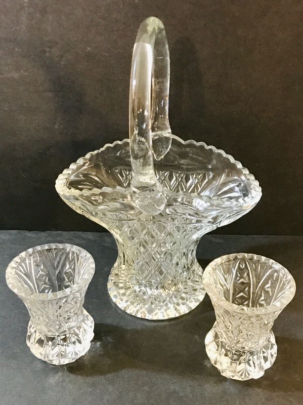 Photo 1 of DECORATIVE CLEAR GLASSWARE- LEAD CRYSTAL BASKET AND PETITE VASES