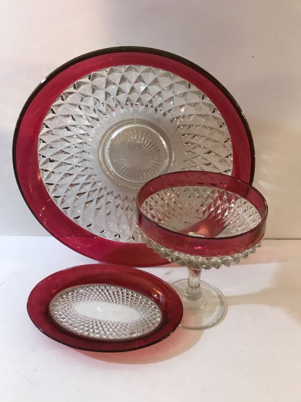 Photo 1 of VINTAGE INDIANA GLASS RUBY CRANBERRY FLASH DIAMOND POINT SERVING DISHES 
