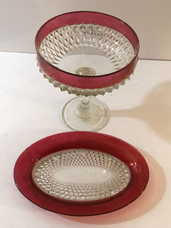 Photo 2 of VINTAGE INDIANA GLASS RUBY CRANBERRY FLASH DIAMOND POINT SERVING DISHES 