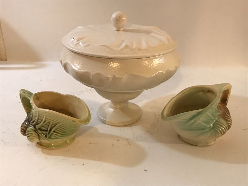 Photo 1 of VINTAGE MCCOY PEDESTAL COVERED CANDY/ NUT BOWL WITH 2 MCCOY CREAM PITCHER FOR TEA 