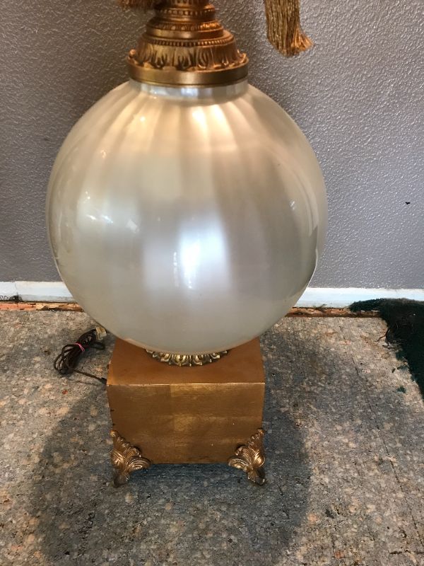 Photo 4 of VINTAGE HOLLYWOOD REGENCY MILK GLASS, BRASS TABLE LAMP WITH SHADE 57”H