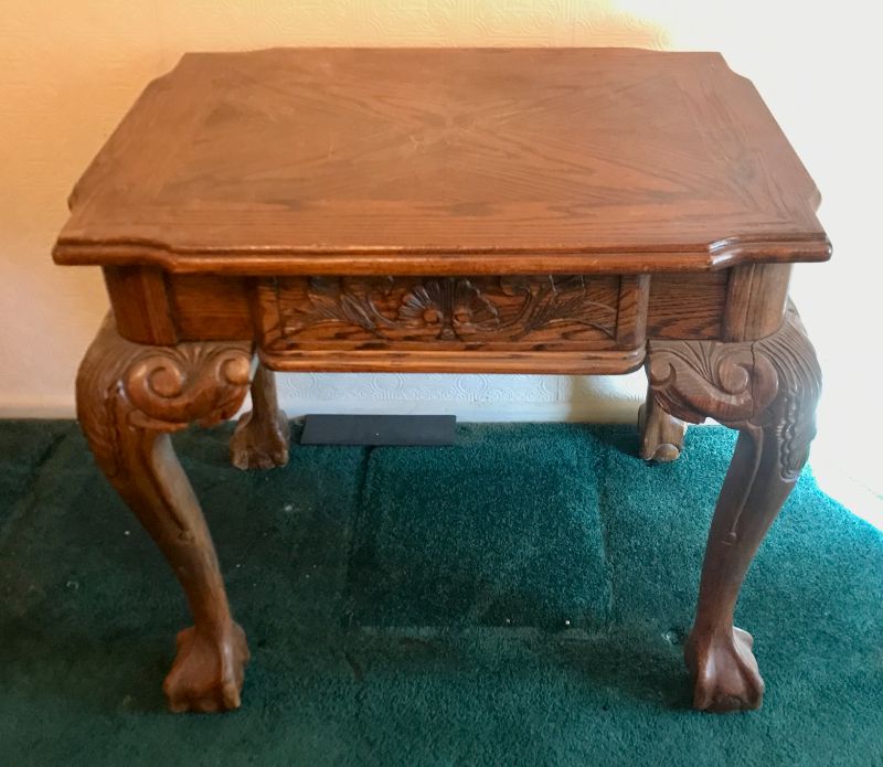 Photo 1 of VINTAGE TIGER-WOOD /OAK SIDE TABLE ORNATE WITH CLAWED FEET. 27.5”x 21”x 24”