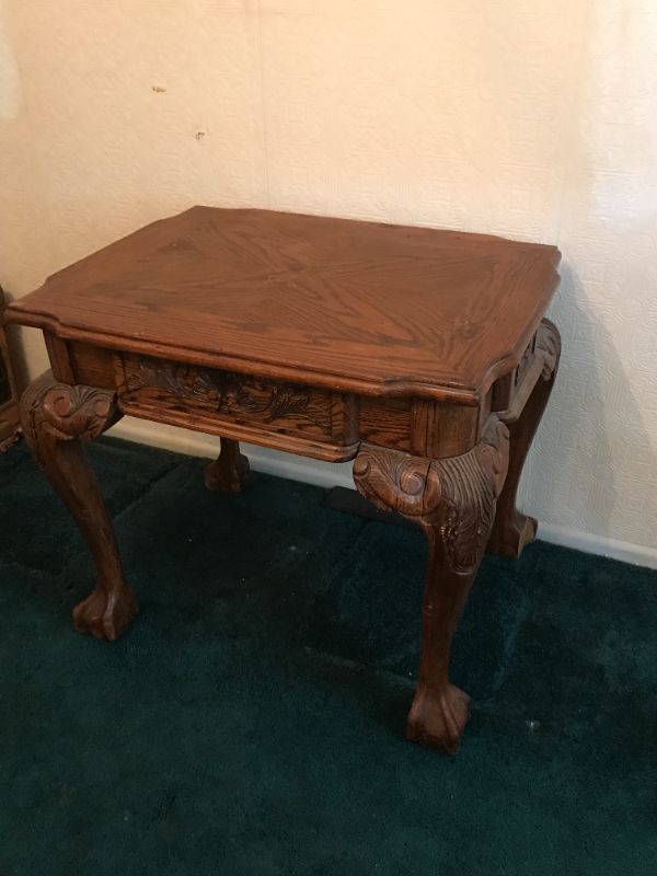 Photo 3 of VINTAGE TIGER-WOOD /OAK SIDE TABLE ORNATE WITH CLAWED FEET. 27.5”x 21”x 24”