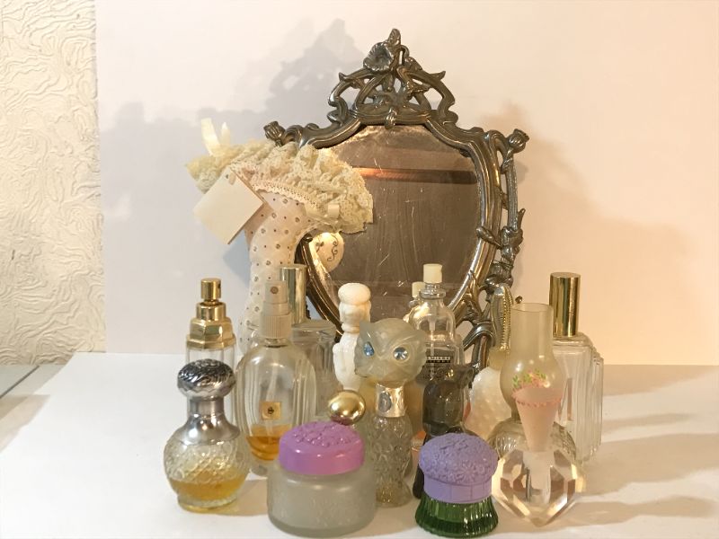 Photo 1 of ANTIQUE METAL MIRROR AND PERFUME BOTTLES
