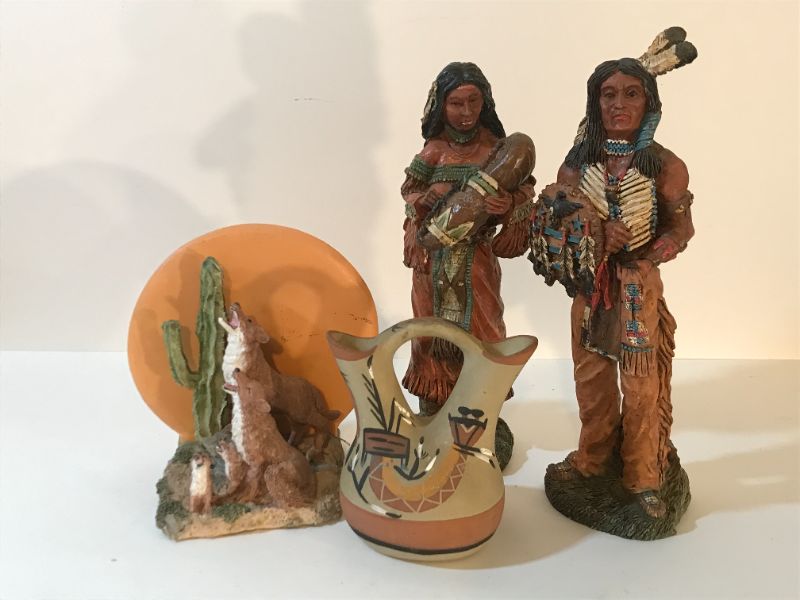 Photo 1 of NATIVE AMERICAN HAND MADE POTTERY WITH SIGNATURE ON BOTTOM / MAN AND WOMAN INDIAN STATUES 11”H AND MORE