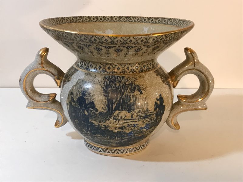 Photo 1 of ANTIQUE DOUBLED HANDLED VASE WITH PAINTING ON SIDE OF MEN ON HORSEBACK 9.5”DIA x 8.5”H