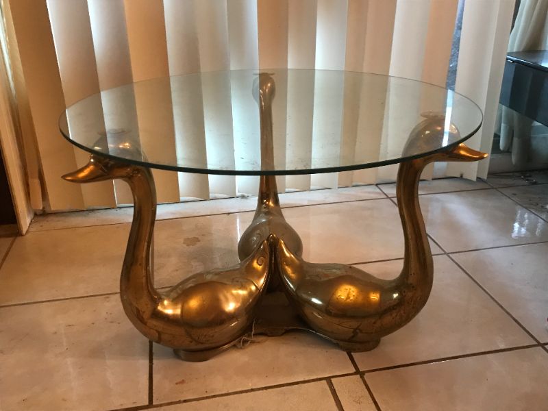 Photo 2 of MAISON JANSEN STYLE BRONZE SWAN COCKTAIL TABLE / ROUND SIDE TABLE 24” DIA x 16”H