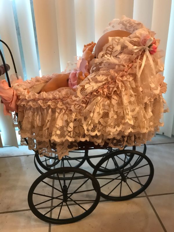 Photo 5 of VINTAGE LACE WICKER BUGGY FROM FRANCE 1900-1910 AND BABY DOLL 20”x 18”H
