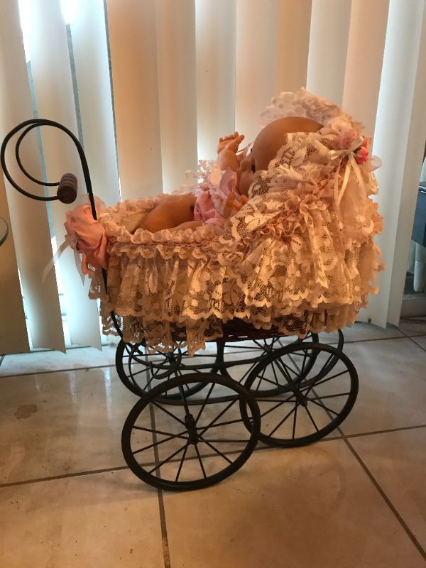 Photo 2 of VINTAGE LACE WICKER BUGGY FROM FRANCE 1900-1910 AND BABY DOLL 20”x 18”H