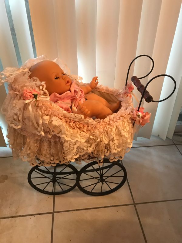 Photo 1 of VINTAGE LACE WICKER BUGGY FROM FRANCE 1900-1910 AND BABY DOLL 20”x 18”H