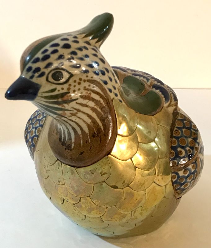 Photo 1 of VINTAGE TONALA MEXICAN BRASS QUAIL POTTERY