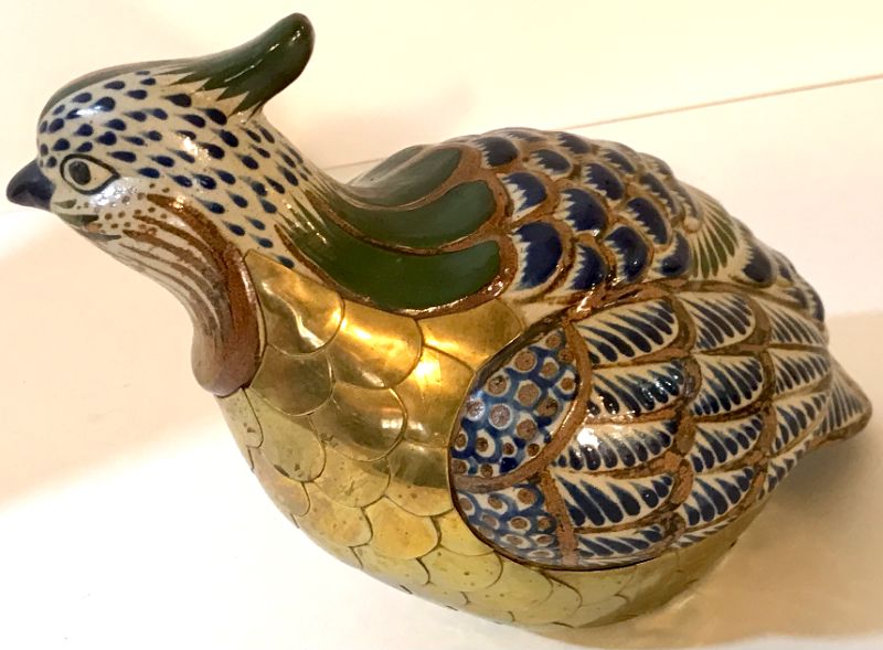 Photo 4 of VINTAGE TONALA MEXICAN BRASS QUAIL POTTERY