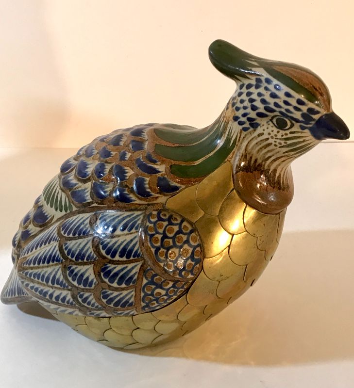 Photo 2 of VINTAGE TONALA MEXICAN BRASS QUAIL POTTERY