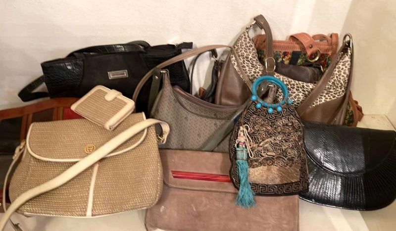 Photo 1 of ETIENNE AIGNER STRAW PURSE AND WALLET WITH OTHER VINTAGE PURSES SOME NEED TLC