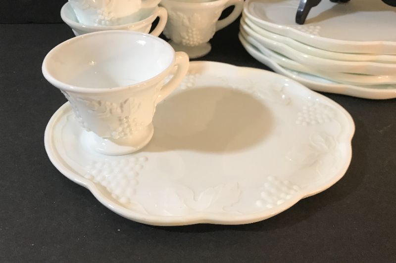 Photo 2 of INDIANA MILK GLASS COLONY HARVEST GRAPE LUNCHEON SNACK PLATE WITH CUP 
SET OF 7
