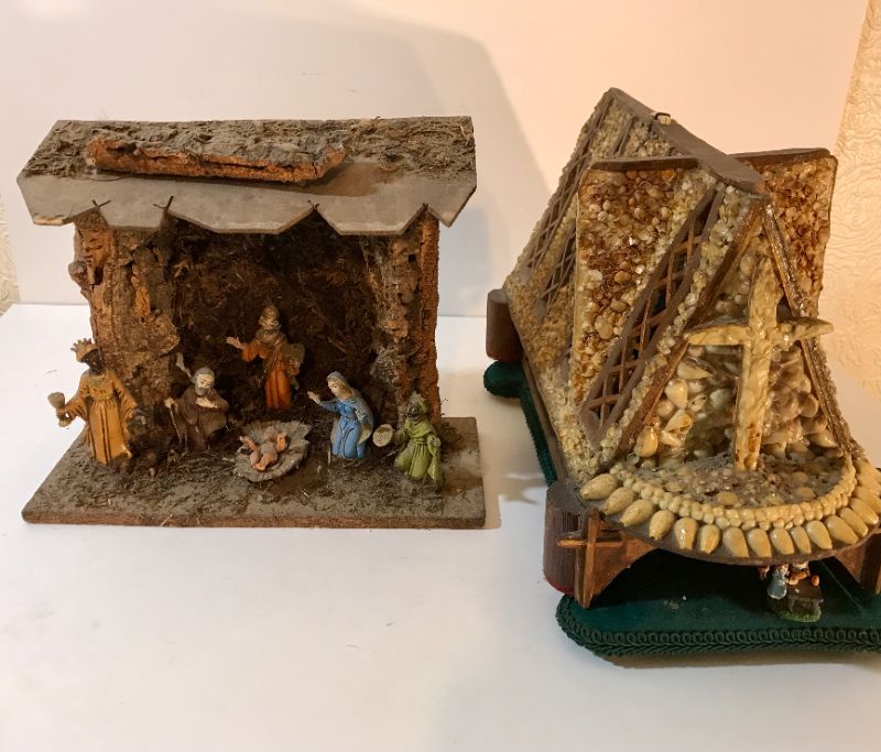 Photo 1 of NATIVITY SCENE MADE FROM WOOD HAND CARVED & HOMEMADE CHURCH WITH LIGHTS 9” H