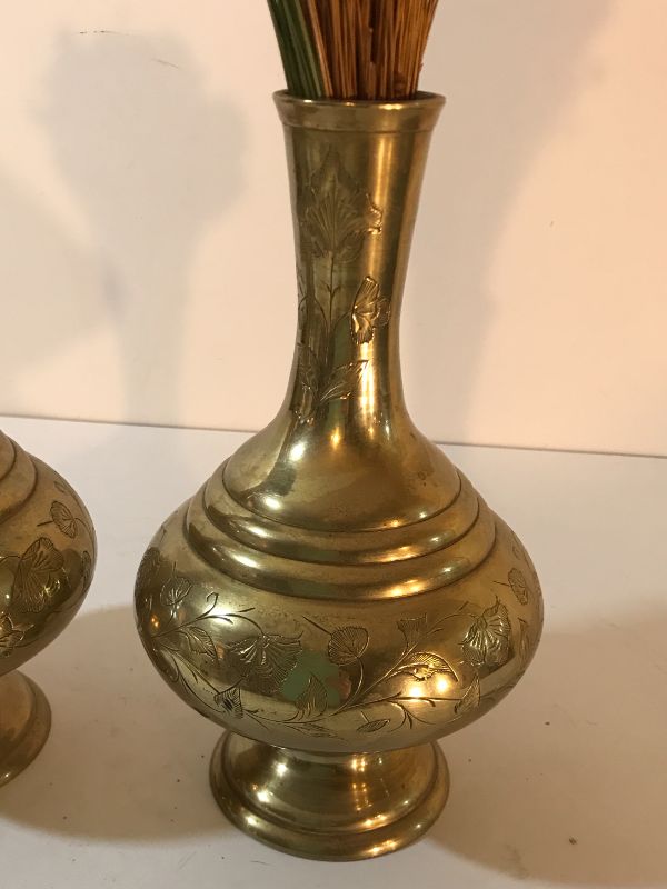 Photo 3 of PAIR OF VINTAGE SOLID BRASS FLORAL VASES STAMPED “MARILKLA’S INDIA 583 “ 9”H