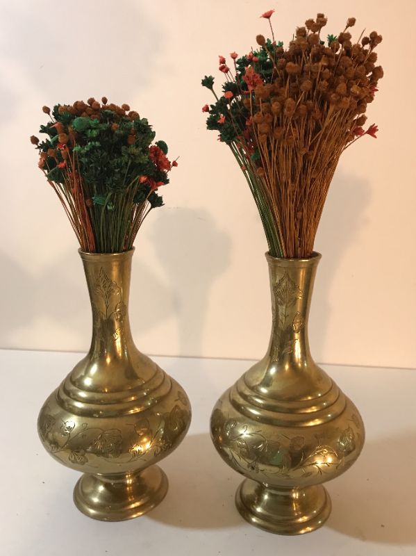 Photo 1 of PAIR OF VINTAGE SOLID BRASS FLORAL VASES STAMPED “MARILKLA’S INDIA 583 “ 9”H