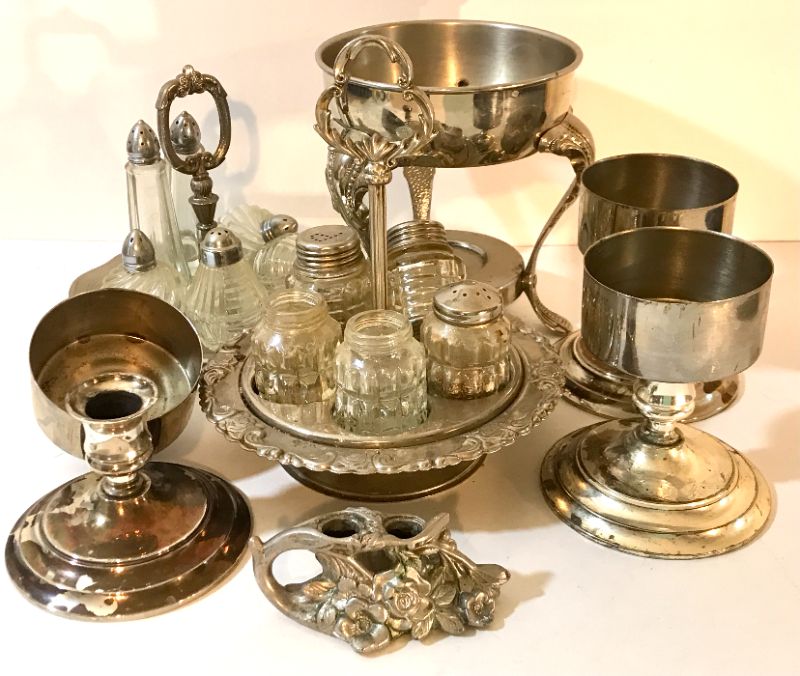 Photo 1 of SILVER PLATE CANDLE HOLDERS / SALT AND PEPPER HOLDER AND SERVING TRAYS AND MORE