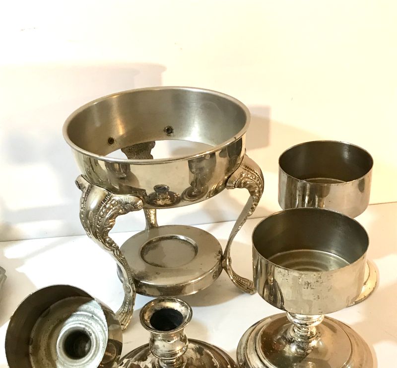 Photo 2 of SILVER PLATE CANDLE HOLDERS / SALT AND PEPPER HOLDER AND SERVING TRAYS AND MORE