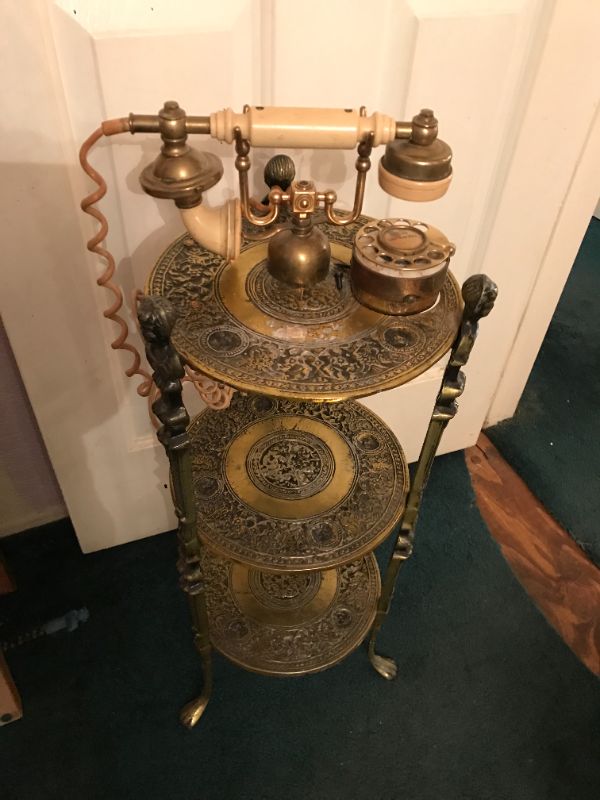 Photo 3 of ANTIQUE ORNATE ROTARY PHONE IN TIERED STAND
APPROX. 32”H