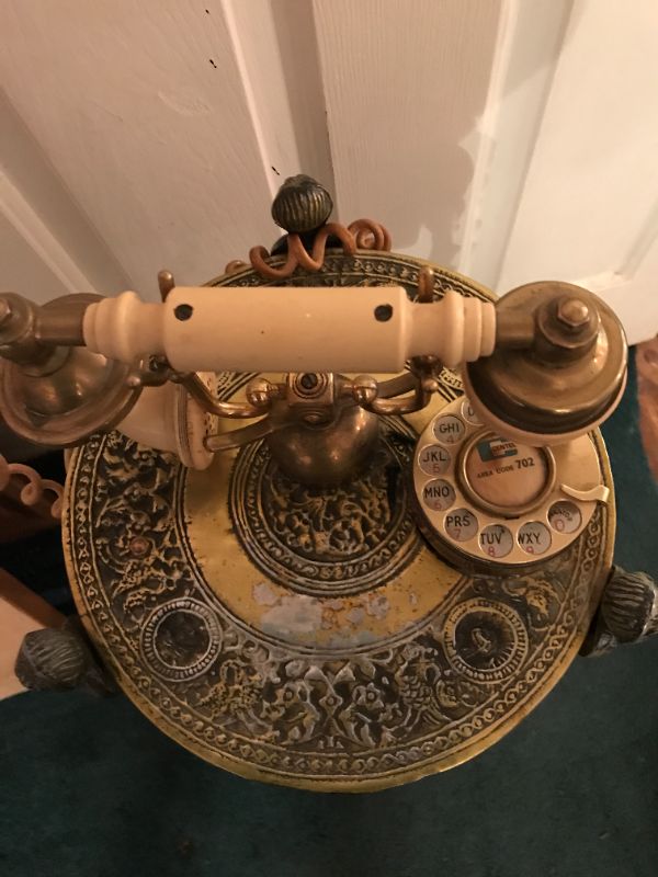 Photo 5 of ANTIQUE ORNATE ROTARY PHONE IN TIERED STAND
APPROX. 32”H