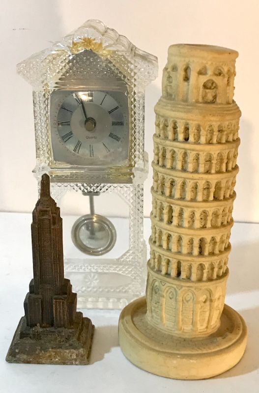 Photo 1 of LEANING TOWER OF PISA 19”H, VINTAGE COPPER EMPIRE STATE BUILDING 5”H, QUARTZ CLOCK 9”H