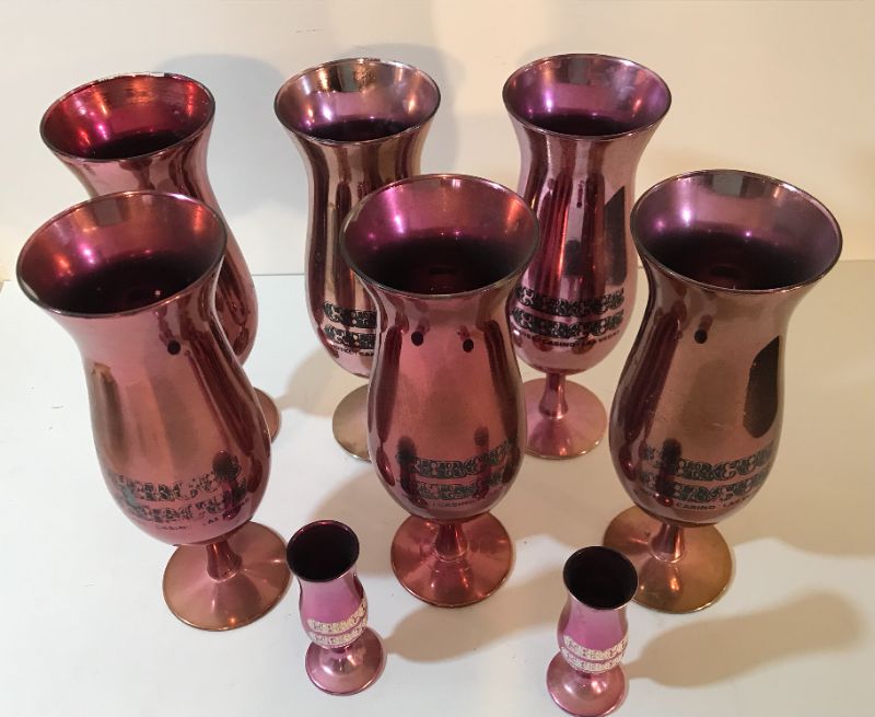 Photo 1 of VINTAGE CIRCUS CIRCUS PINK MIRROR HURRICANE GLASSES & SHOT GLASSES