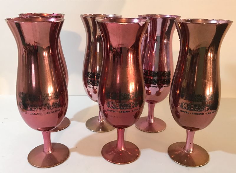 Photo 3 of VINTAGE CIRCUS CIRCUS PINK MIRROR HURRICANE GLASSES & SHOT GLASSES