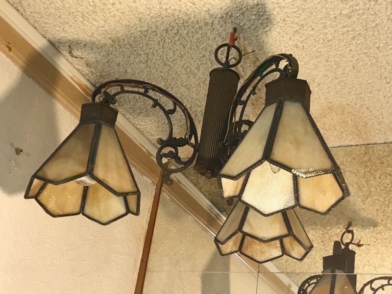 Photo 2 of ANTIQUE BRONZE & SLAG GLASS HANGING LIGHT FIXTURE