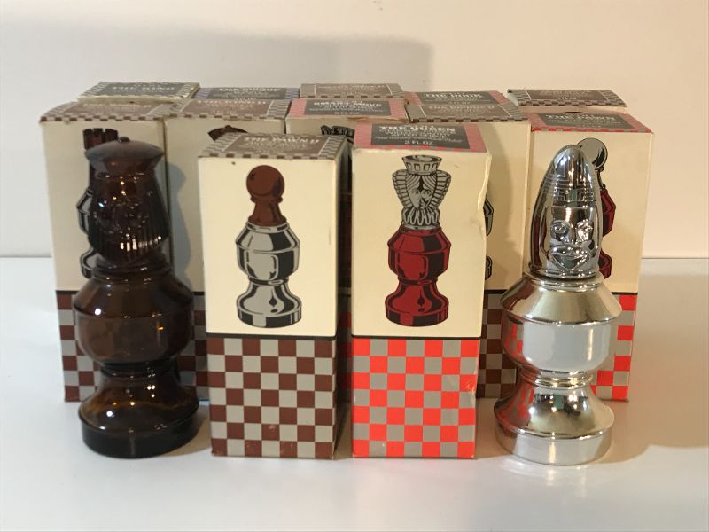 Photo 1 of VINTAGE AVON AFTERSHAVE  CHESS PIECE DECANTERS - NOS
MOST IN BOX