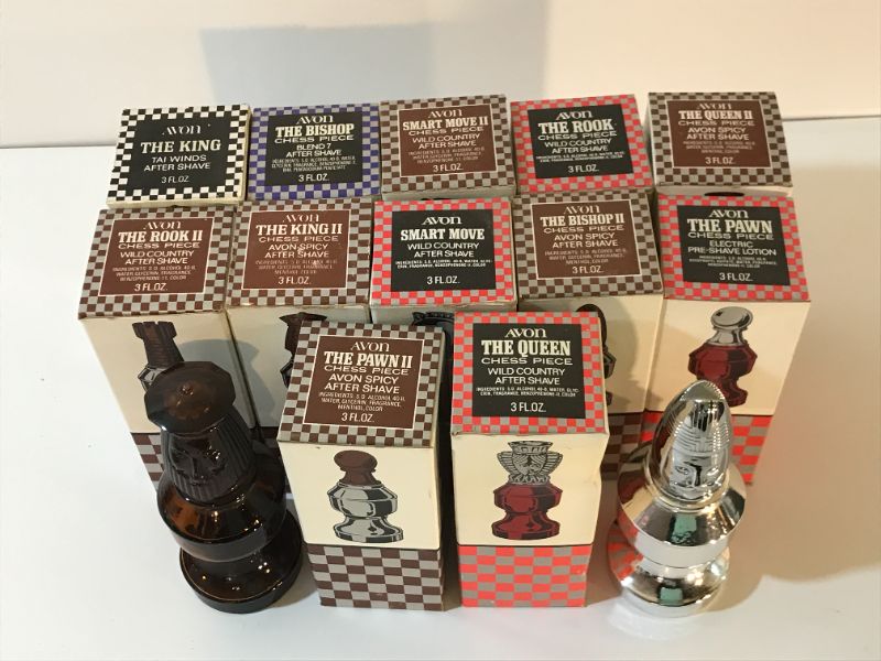 Photo 2 of VINTAGE AVON AFTERSHAVE  CHESS PIECE DECANTERS - NOS
MOST IN BOX