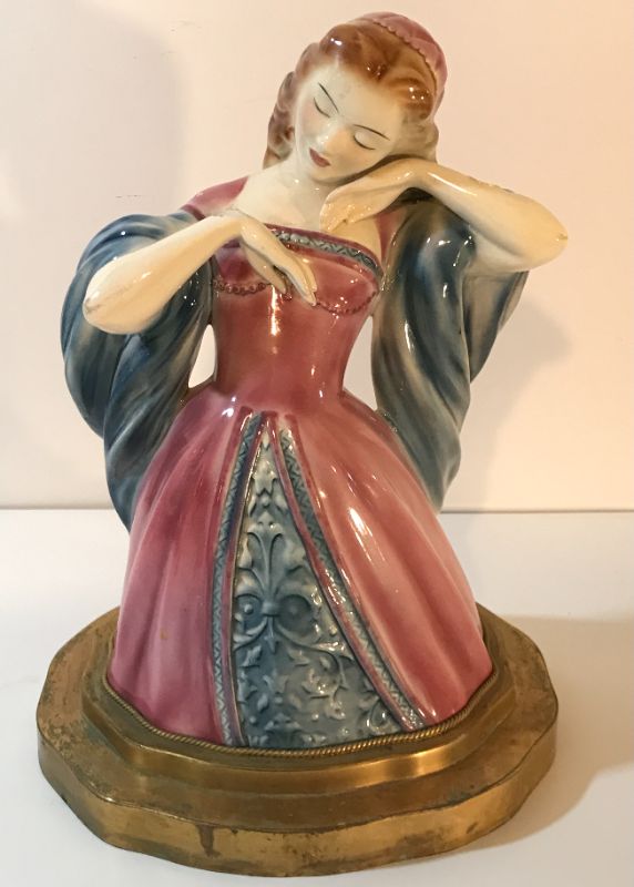 Photo 1 of VINTAGE CERAMIC CINDERELLA - GOLDSCHEIDER 
MADE INTO A LAMP BASE - SOME BITE MARKS
12”H