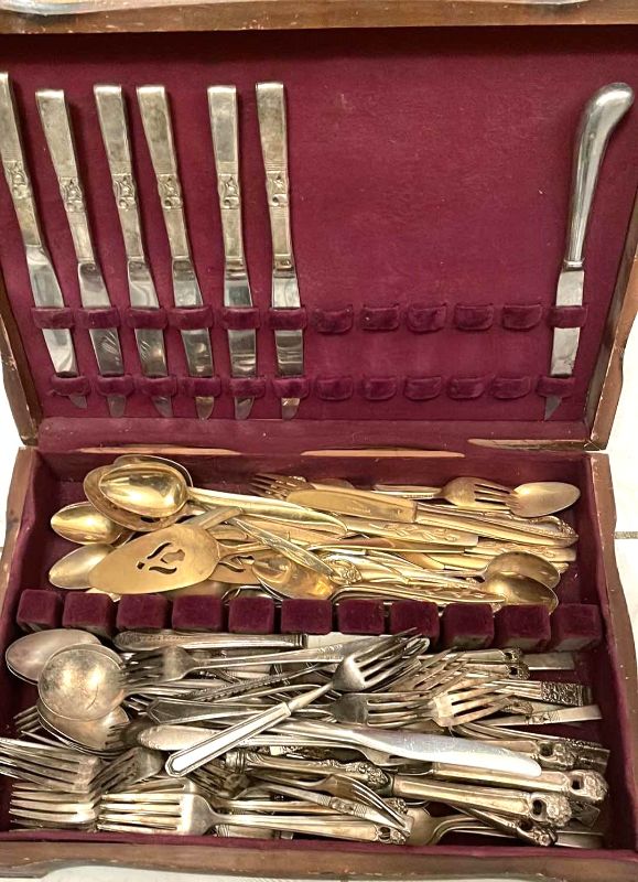 Photo 1 of VINTAGE ASSORTED SILVERWARE / FLATWARE 
SOME GOLD TONE WITH BOX