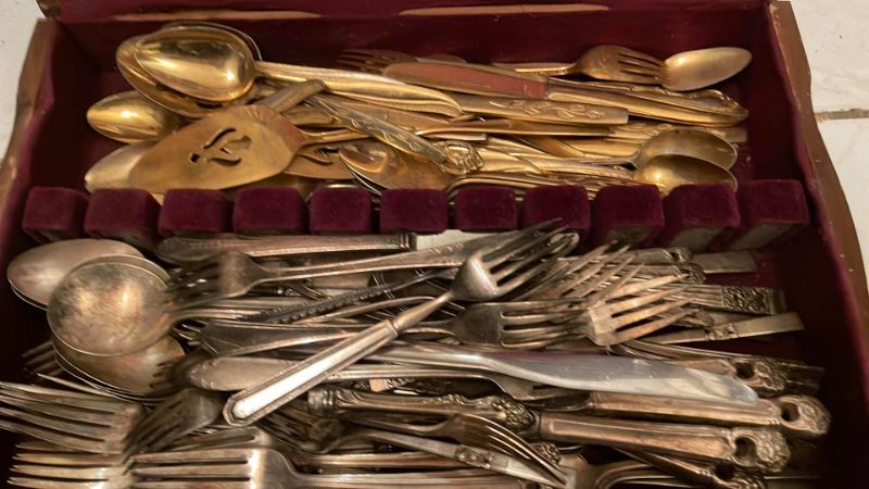 Photo 1 of VINTAGE ASSORTED SILVERWARE / FLATWARE 
SOME GOLD TONE WITH BOX