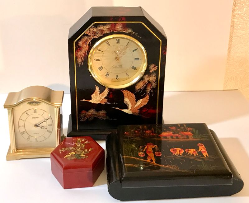 Photo 1 of ASIAN BLACK LAQUER CLOCK , JEWELRY BOX & SEIKO CLOCK