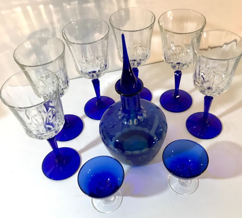 Photo 1 of GORGEOUS COBALT BLUE TULUP BOWL WINE GLASSES & DECANTER


