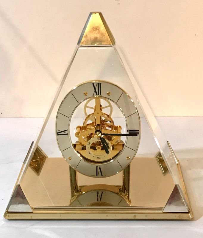 Photo 1 of SEIKO PYRAMID SKELETON DESK/MANTLE CLOCK QUARTZ MOVEMENTS BRASS ACCENTS

