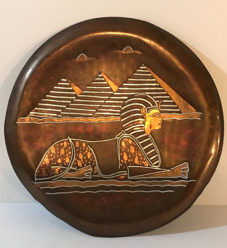 Photo 1 of VINTAGE FROM EGYPT ETCHED COPPER EGYPTIAN SPINX AND PYRAMIDS WALL CHARGER PLATE