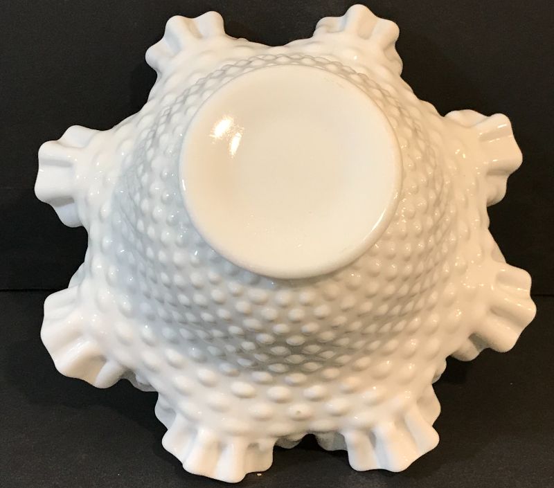 Photo 2 of FENTON HOBNAIL RUFFLED EDGE MILK GLASS BOWL 9”x4.5