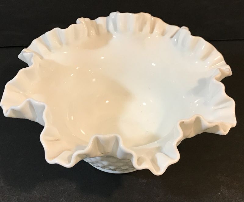 Photo 4 of FENTON HOBNAIL RUFFLED EDGE MILK GLASS BOWL 9”x4.5