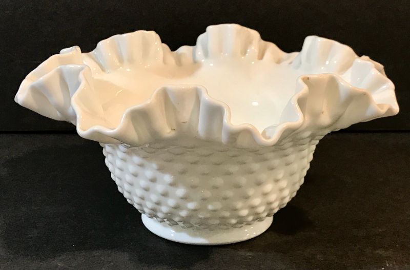 Photo 1 of FENTON HOBNAIL RUFFLED EDGE MILK GLASS BOWL 9”x4.5