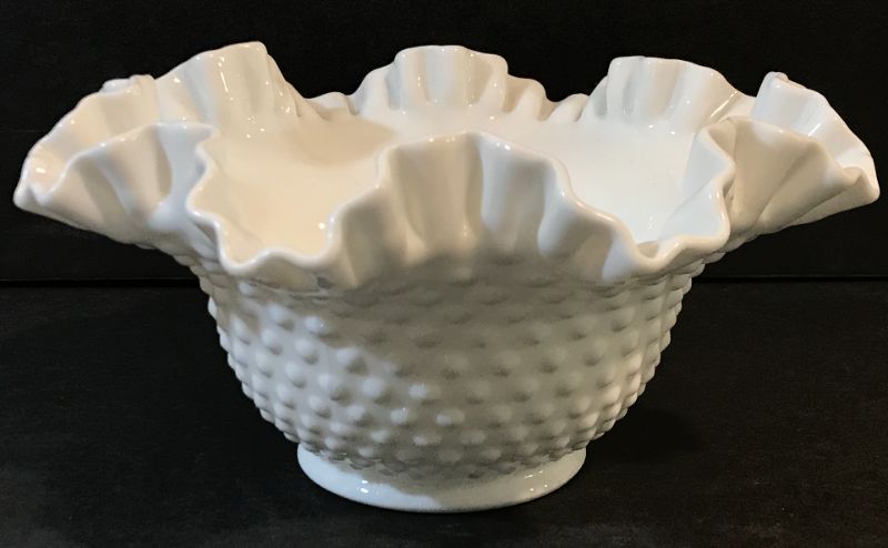 Photo 3 of FENTON HOBNAIL RUFFLED EDGE MILK GLASS BOWL 9”x4.5