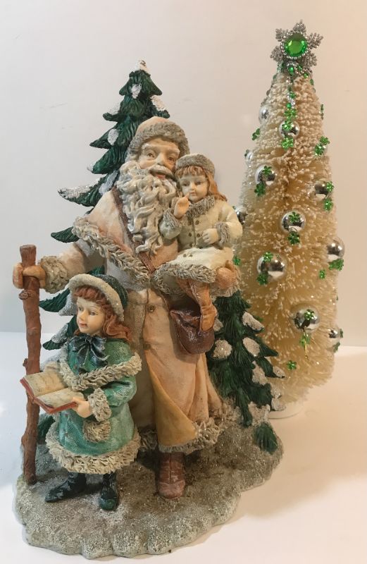 Photo 1 of VINTAGE CHRISTMAS SANTA & CHILDREN FIGURINE APPROX. 13”H
& TREES