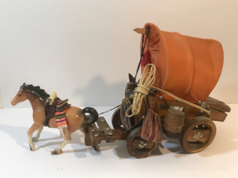 Photo 2 of VINTAGE CERAMIC HORSE DRAW COVERED WAGON LAMP