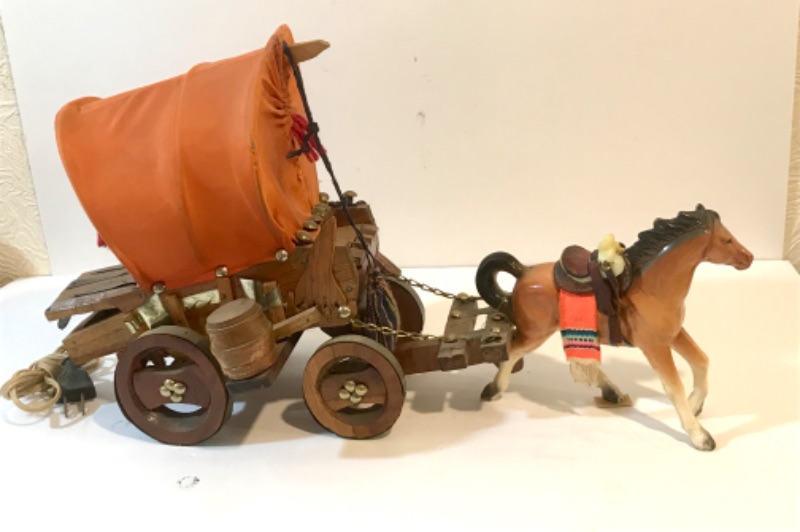 Photo 3 of VINTAGE CERAMIC HORSE DRAW COVERED WAGON LAMP