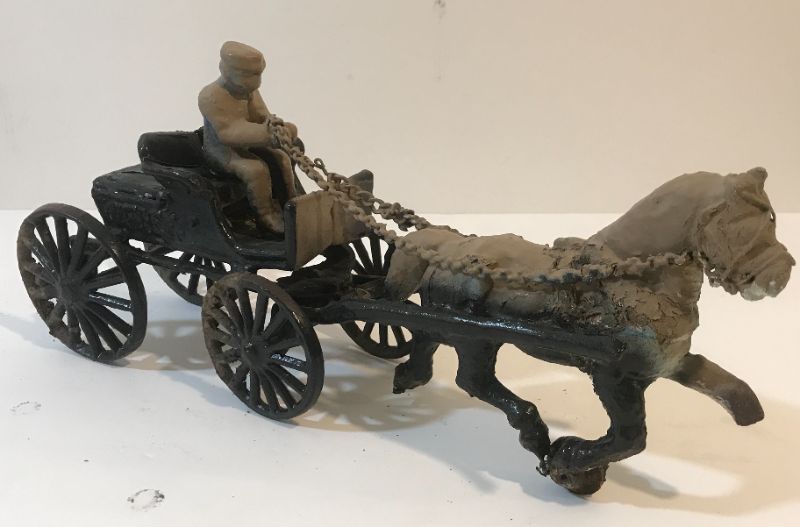 Photo 2 of ANTIQUE CAST IRON HORSE DRAWN CARRIAGE 
APROX 14”L