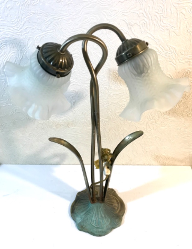 Photo 2 of ART NOUVEAU DOUBLE TULIP BRASS TABLE LAMP 
H- 21”
