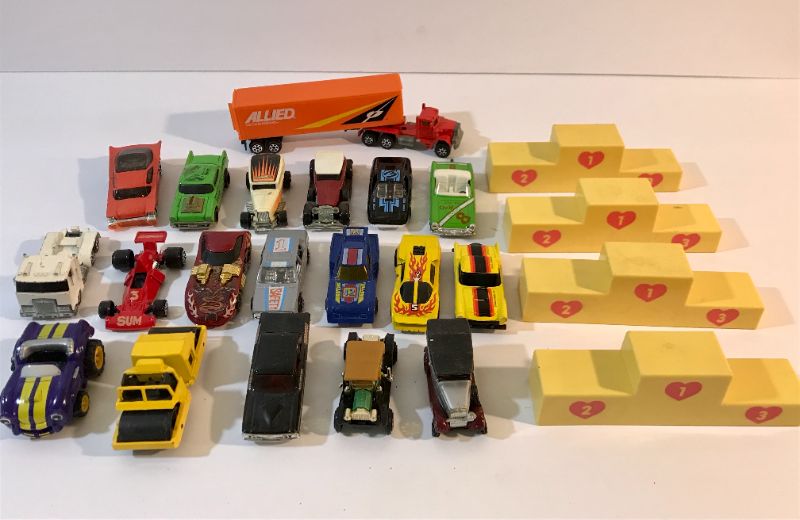 Photo 2 of MATCHBOX & HOT WHEELS CARS SOME VINTAGE WITH PODIUM STANDS 